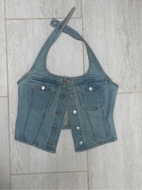 Source Unknown Denim Halter Crop Top - Blue